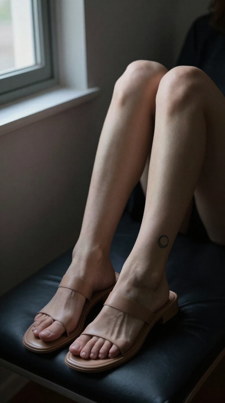 Woman's feet in minimal leather slides resting on a chaise lounge, soles angled toward a side window, with a crescent moon ankle tattoo visible.
