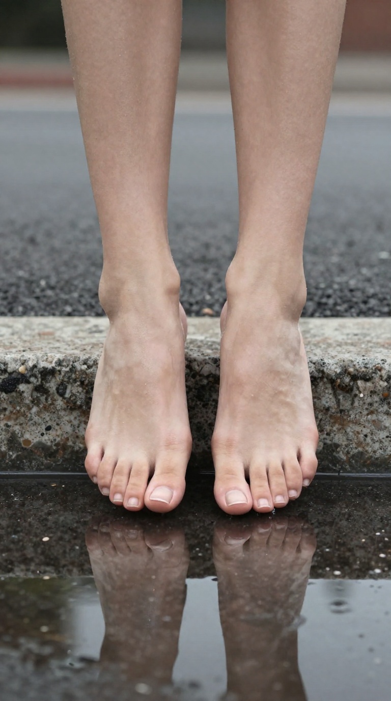 Worm's-eye view of a woman's bare feet balancing on a street curb, soles glistening with sweat, reflected in puddles and a glass tabletop under softbox light.