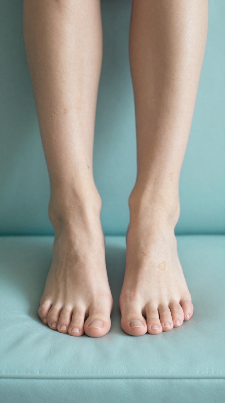 Worm's-eye view of a woman's bare feet with toes curling on smooth leather upholstery, micro heart tattoo below ankle, sandal tan lines, in a minimalist loft.