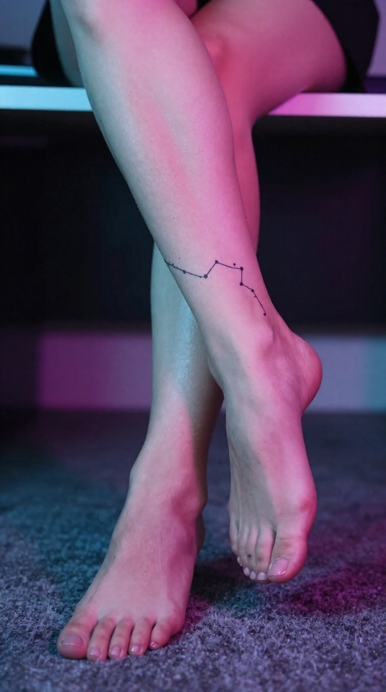 Bare feet with constellation tattoo on ankle, softly lit by neon, resting on crushed velvet under an office desk, toes and arches clearly visible.