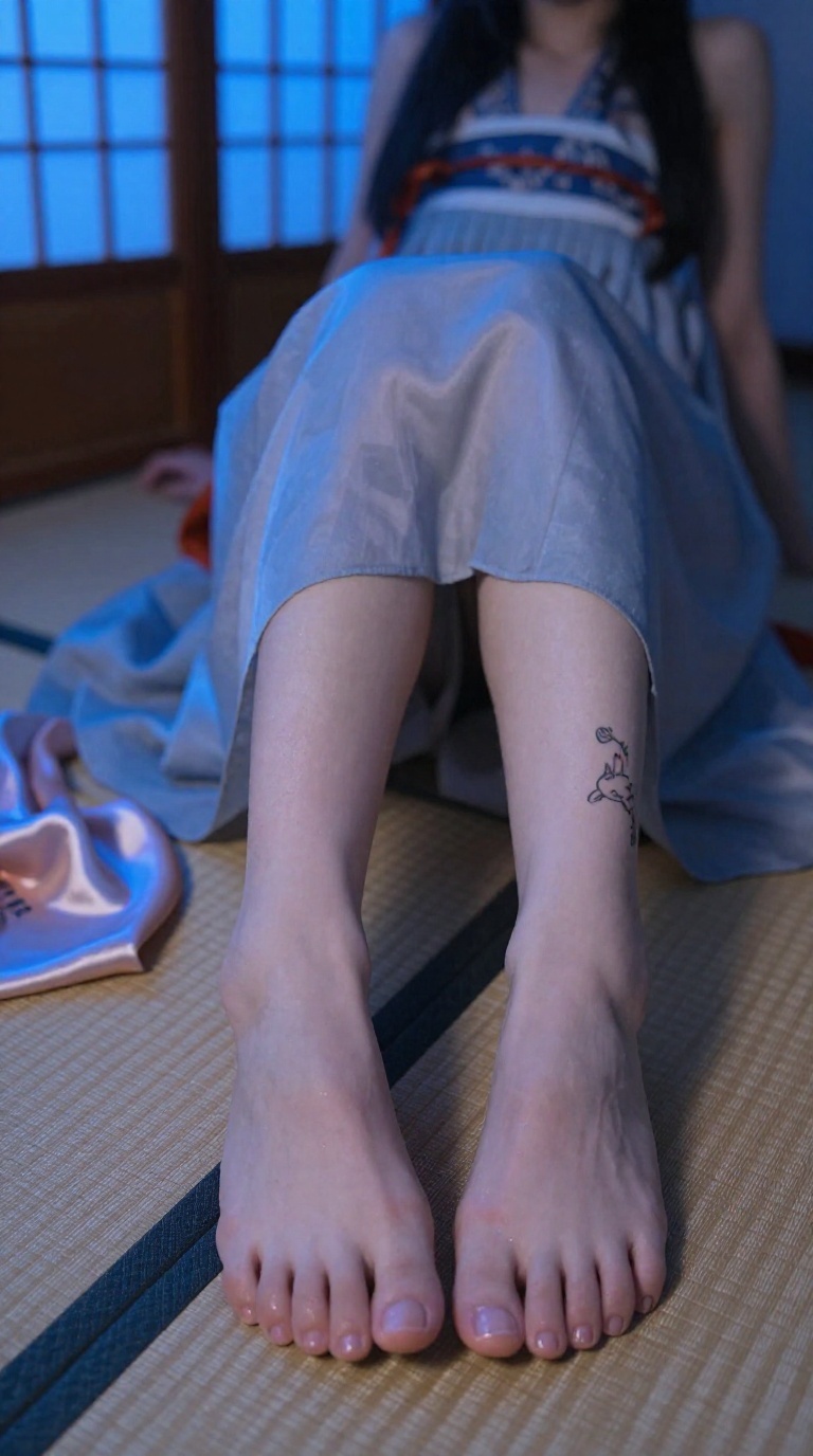 Dramatic worm's-eye view of a woman's bare feet with a koi ankle tattoo, silk scarf, and cool blue-hour light in a tatami room.