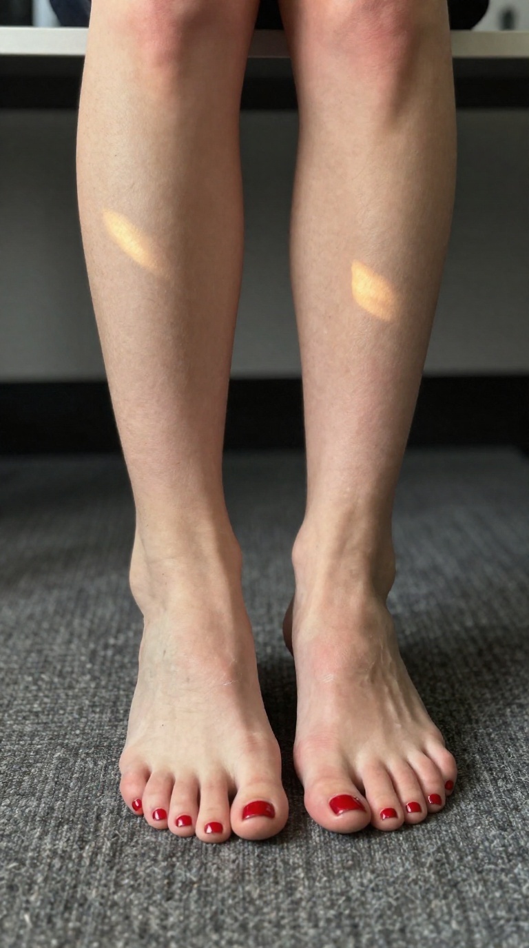 Cropped editorial photo showing bare feet with rosy skin and smeared red polish on a carpeted office floor, toes curling under passing streetlight reflections.