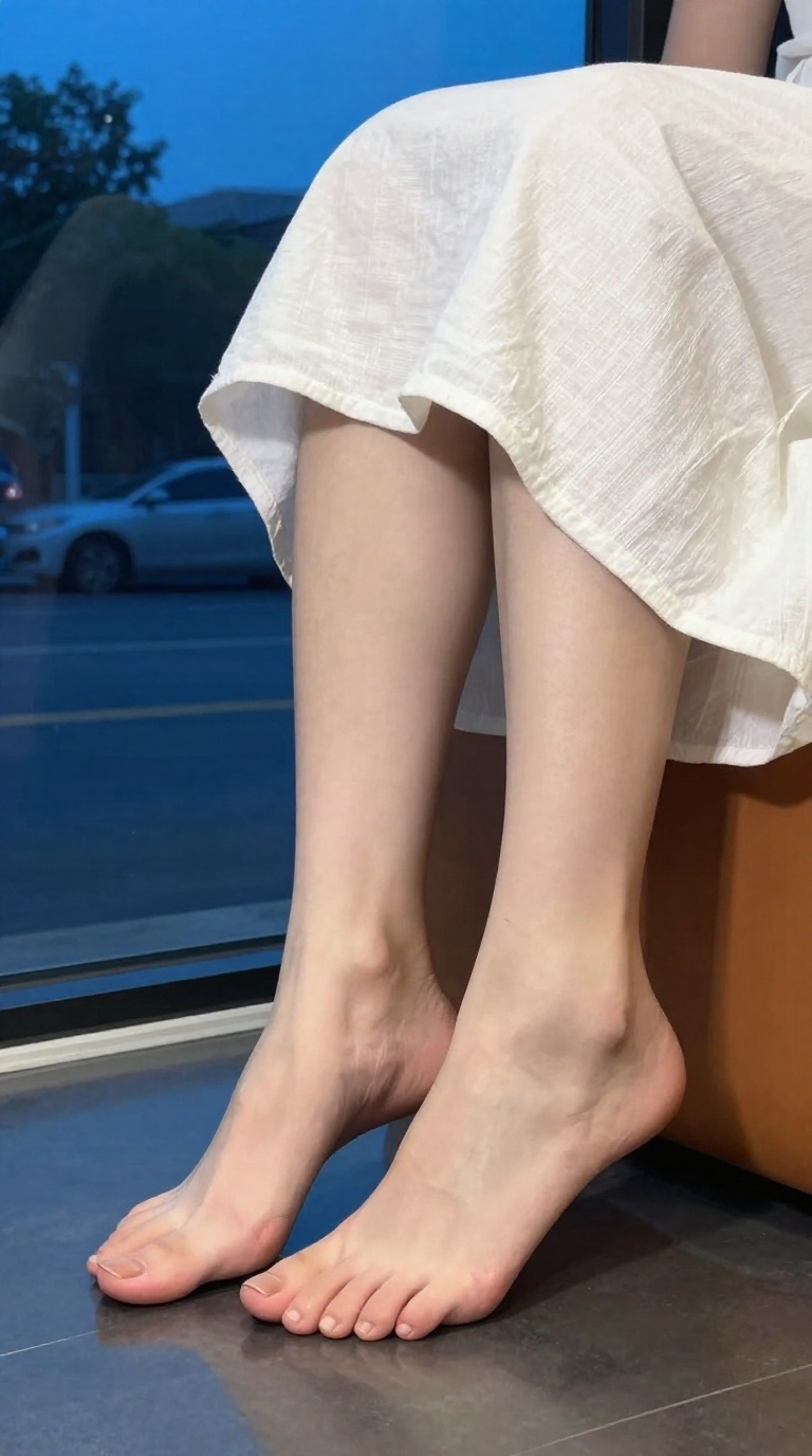 Cropped view of bare feet with matte nude pedicure pressing against glass inside a car with smooth leather upholstery and white linen sundress hem.