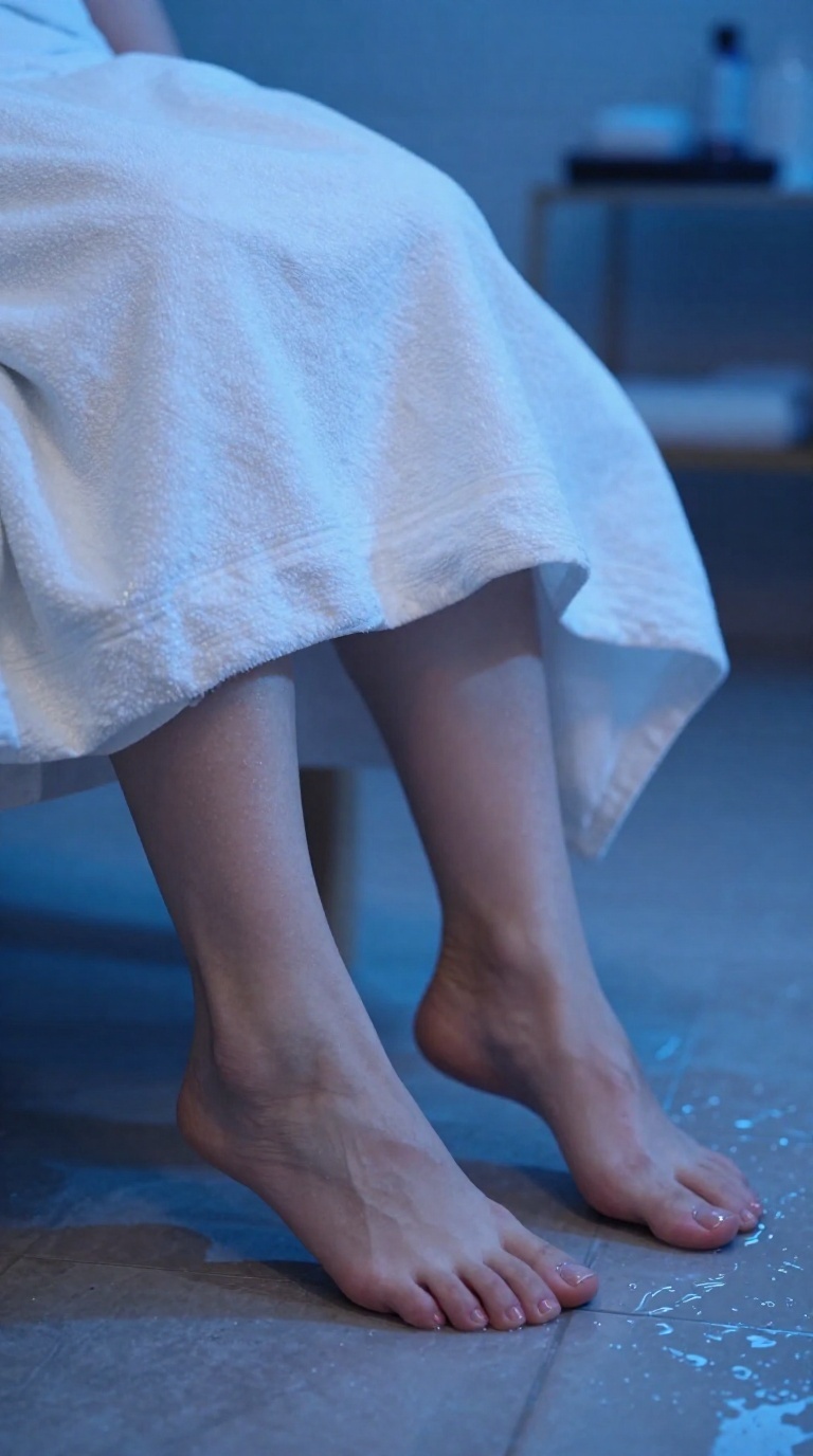 Bare feet with fully visible toes and arches brush soft white fabric in a spa room, lit by cool blue-hour light with wet tile reflections.