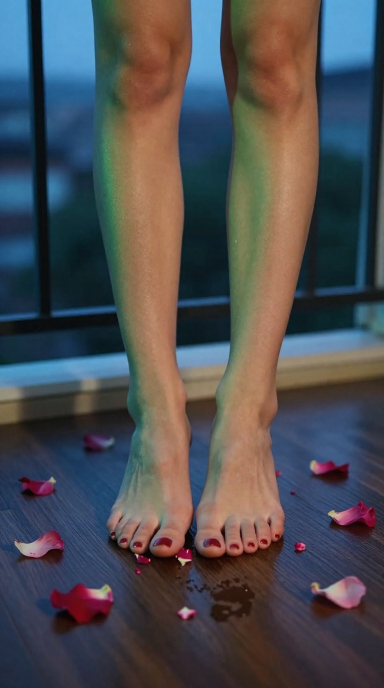 Bare female feet with red nail polish crushing rose petals on dark wood floor, neon glow, elegant ankle curve, private balcony at dusk.