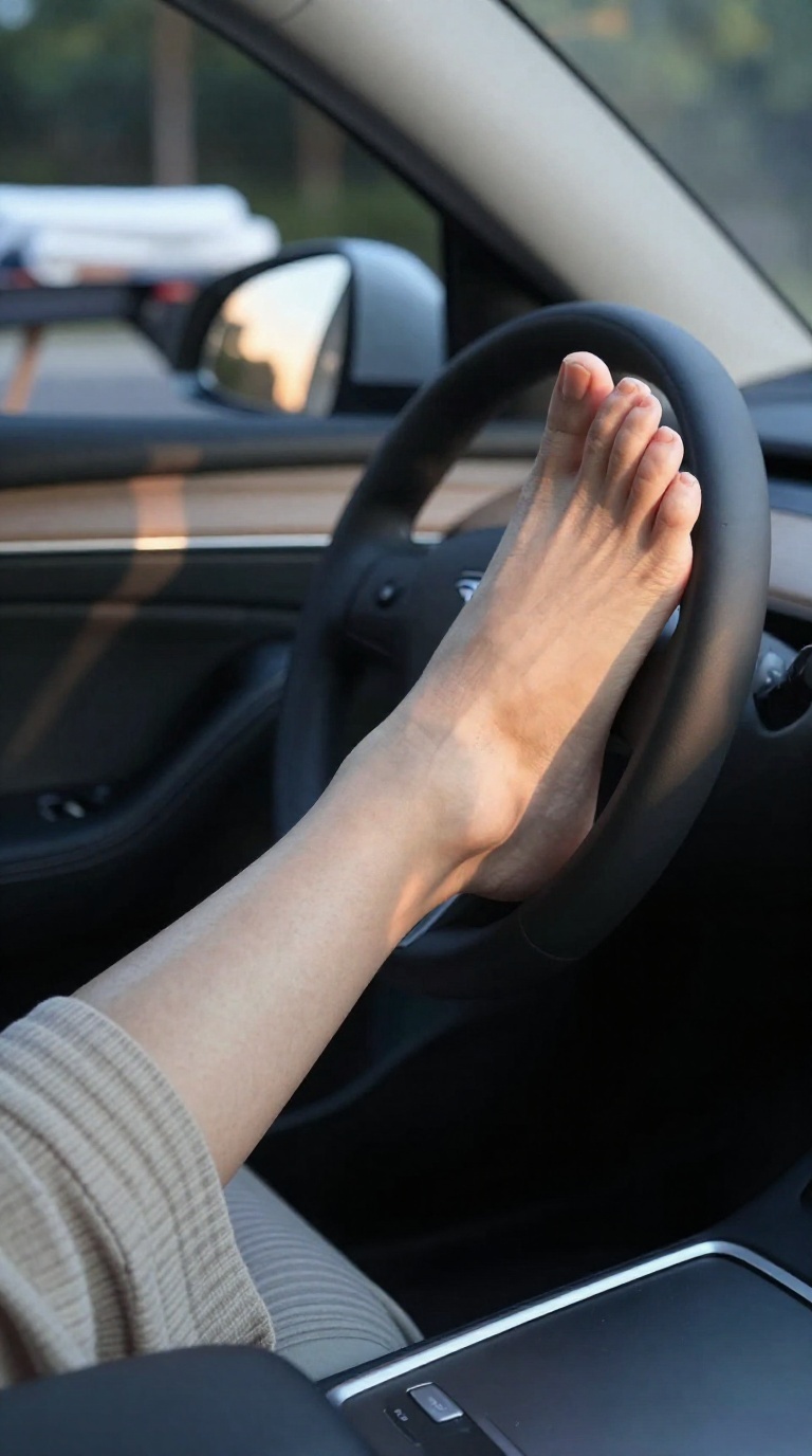 Close-up of a woman's bare foot with five toes, heel hooked over glove box edge, sunset glow and neon reflections, ribbed knit fabric, dappled shade.