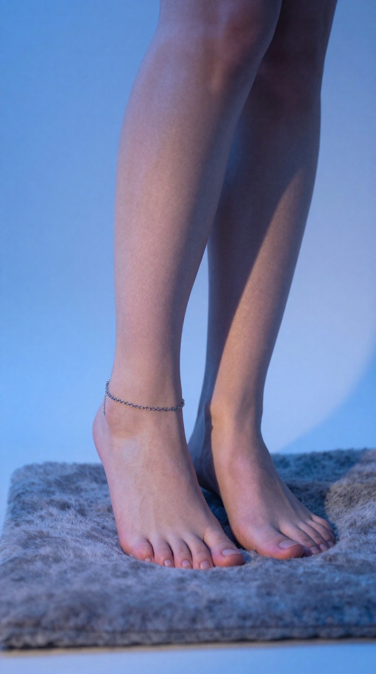 Bare feet with thin chain anklet and sandal tan lines resting on cashmere throw in cool blue-hour studio light with lens flare.