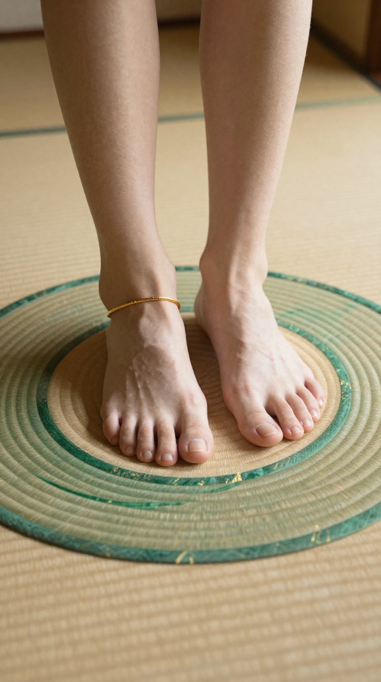 Bare feet with fully visible toes and prominent tendons on arched insteps, wearing a golden anklet, tracing circles on polished marble in a tatami room.