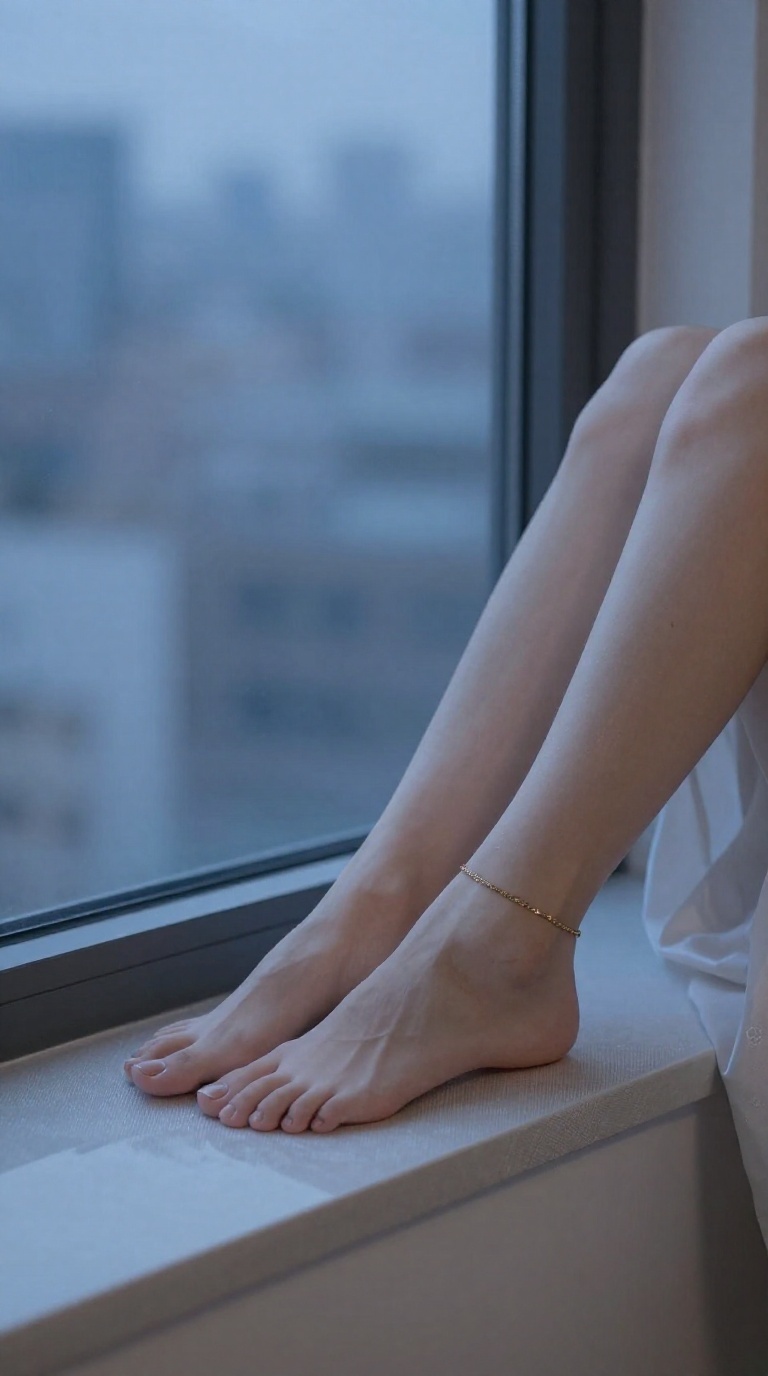 Bare feet with gold ankle charm resting on linen window seat, toes pointed, blue-hour light highlighting tendon lines and arches.