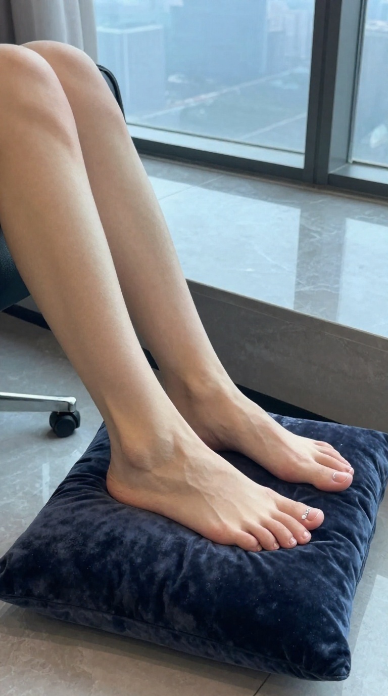 Close-up of a young woman's bare feet with a pearl toe ring, resting on a velvet pillow in an office break room, diffused daylight and wet tile reflections highlighting slender toes and arches.