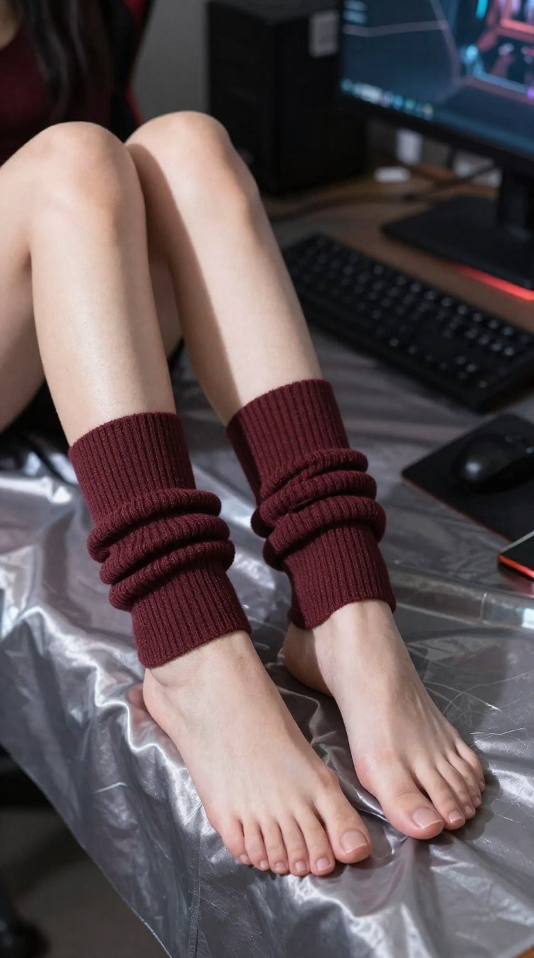 Close-up of a woman's feet on a messy gamer desk, toes pressing into satin sheets, wearing ribbed leg warmers with deep burgundy accents, soft daylight and window reflections.