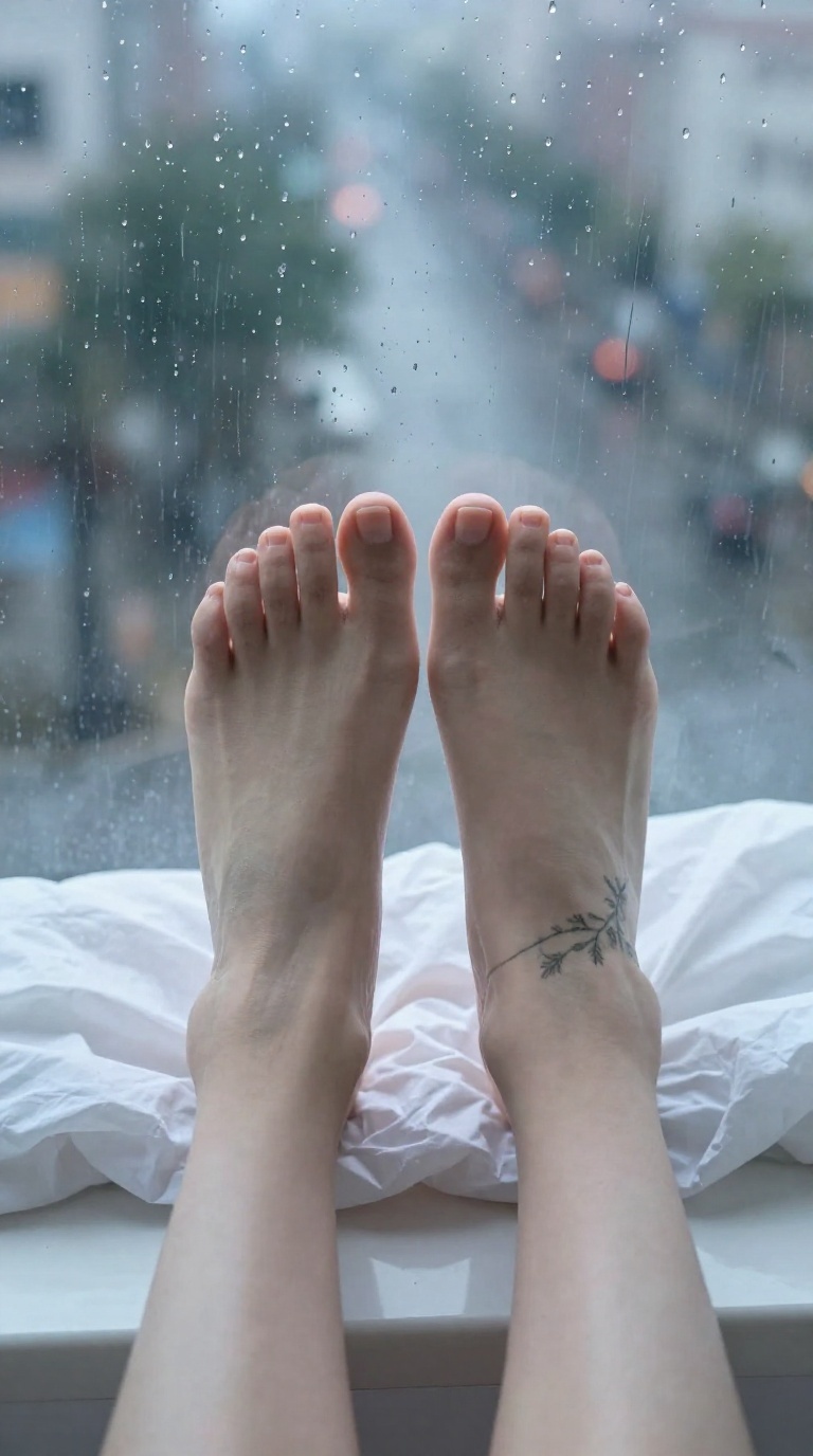 Close-up of bare feet with a vine tattoo around one ankle pressing against a rain-streaked window, soft overcast light highlighting arches and toes.