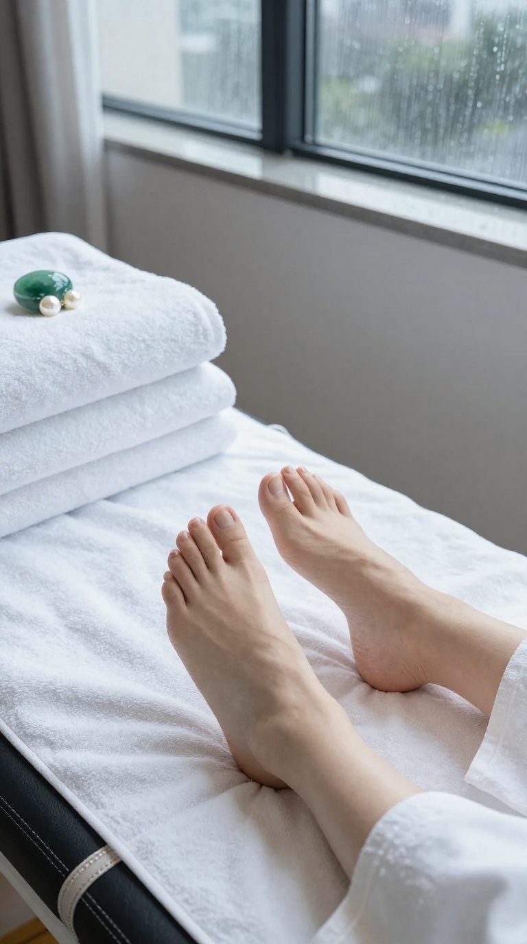 Bare feet with visible toes and arches pressing into satin sheets in a spa room with white towels, jade and pearl tones, thin chain anklet, grey rainy daylight