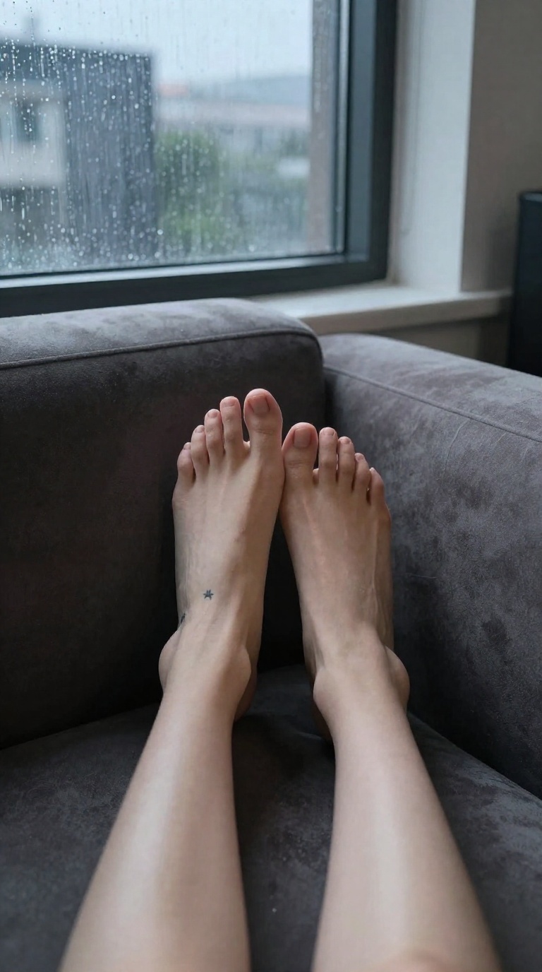 Worm's-eye view of two bare feet with visible toes and arches resting on a brushed suede sofa, one ankle crossed, tiny star tattoo near the ankle, muted side light.