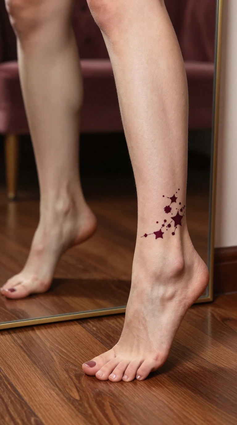 Mirror reflection of a barefoot woman's arched insteps with heels lifted off a warm wooden floor, constellation tattoo on outer ankle, burgundy chaise lounge behind.