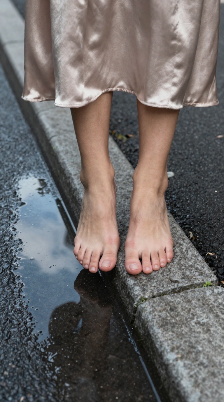 Top-down view of bare feet with visible toes and arches resting on a street curb, puddle reflections, soft rim lighting, and linen and satin fabric details.
