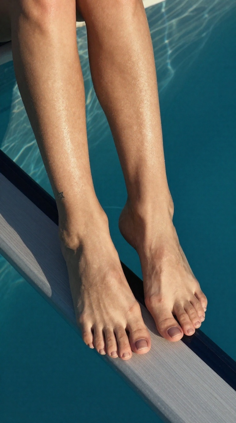 Cropped view of a woman's bare feet with a star tattoo and sandal tan lines, resting on car window glass in soft daylight.