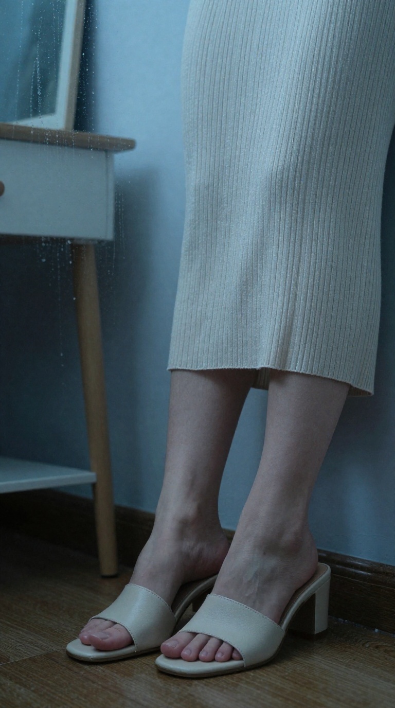 Close-up of a woman's feet in open-toe mules sliding down a cold wall, with ribbed knit dress edge and fogged mirror in a rainy-night bedroom.