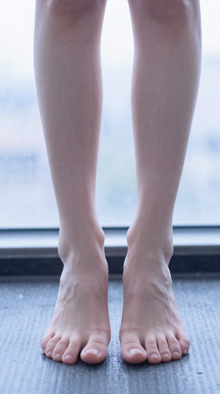 Close-up of bare feet with toes spread wide on a textured rubber mat, rain droplets on a side window, powder blue and pearl white tones.