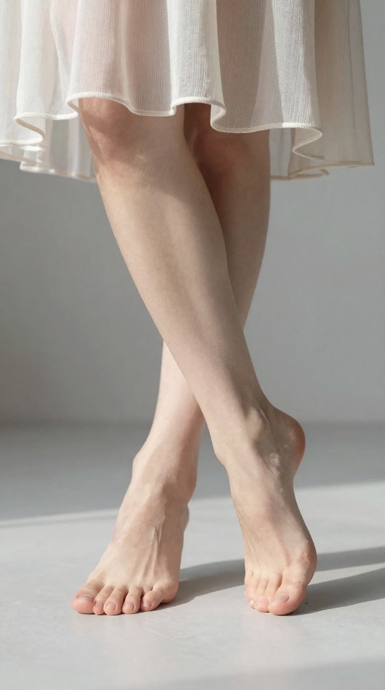 Close-up of bare female feet with crossed ankles and pointed toes, dusty soles, ribbed knit and chiffon skirt hem, in a minimalist studio loft with streetlight reflections.