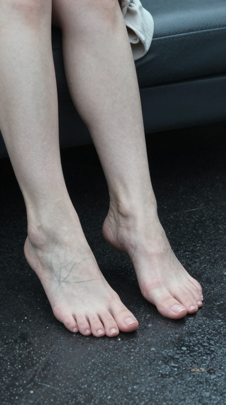 Bare feet with geometric tattoo on wet neon pavement, one foot brushing the opposite ankle, under muted overcast light.