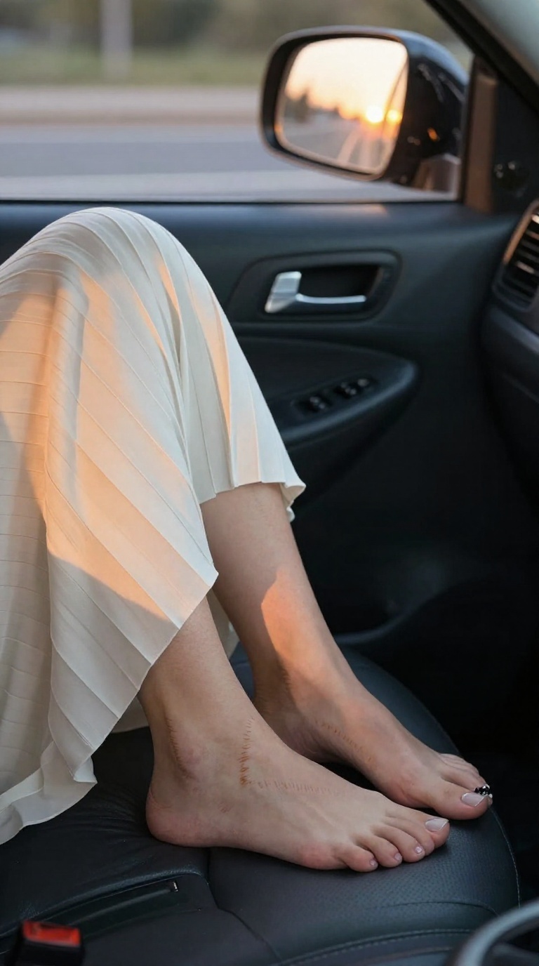 Woman's feet with black gemstone toe ring in taxi back seat, sunset glow on side mirror, candle flicker meter light, ivory pleated skirt, product-catalog clarity.
