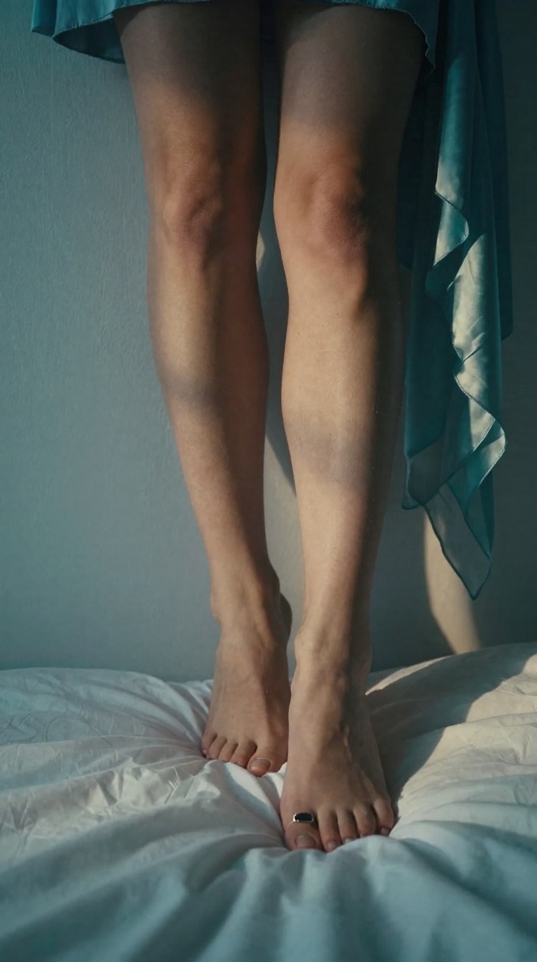 Worm's-eye view of bare feet with high arches and a black gemstone toe ring sliding down a cold wall, teal and amber lighting, rumpled white sheets.