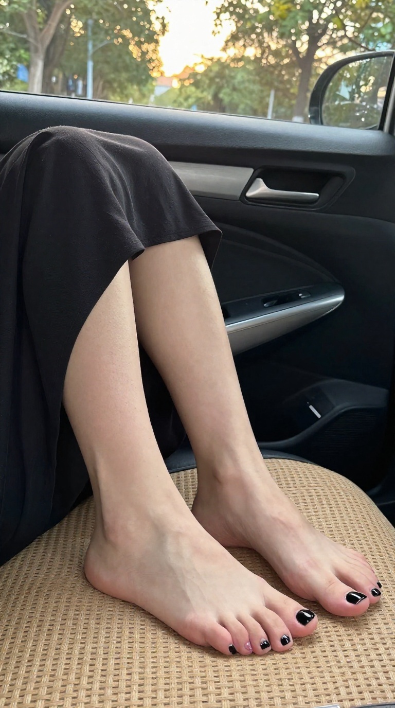 Close-up of a woman's bare feet with slender toes and chipped black nail polish on woven tatami inside a car, illuminated by golden hour light through the window.