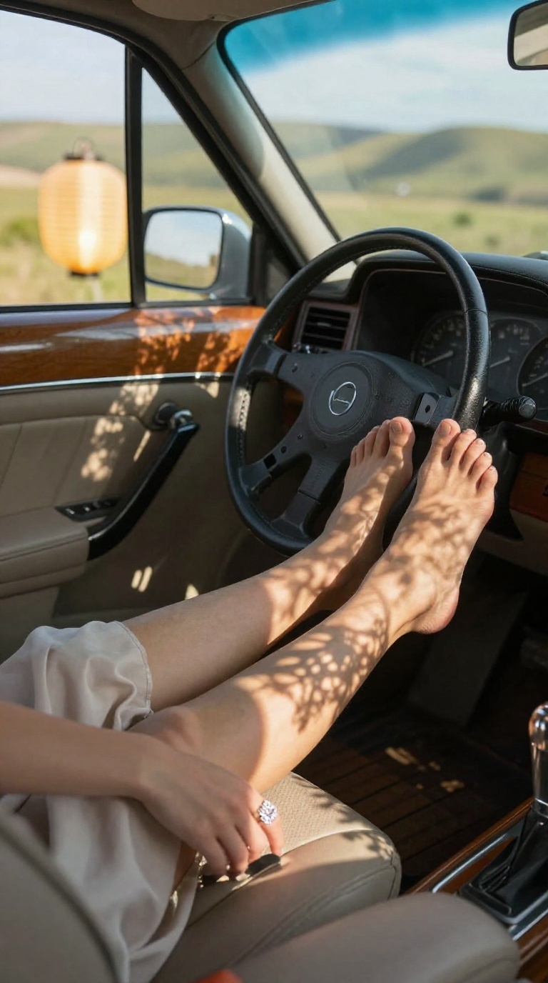 Close-up of a woman's bare feet with a silver toe ring resting on a car dashboard, dappled tree shadows and warm glow highlighting the elegant ankle curve and sole.