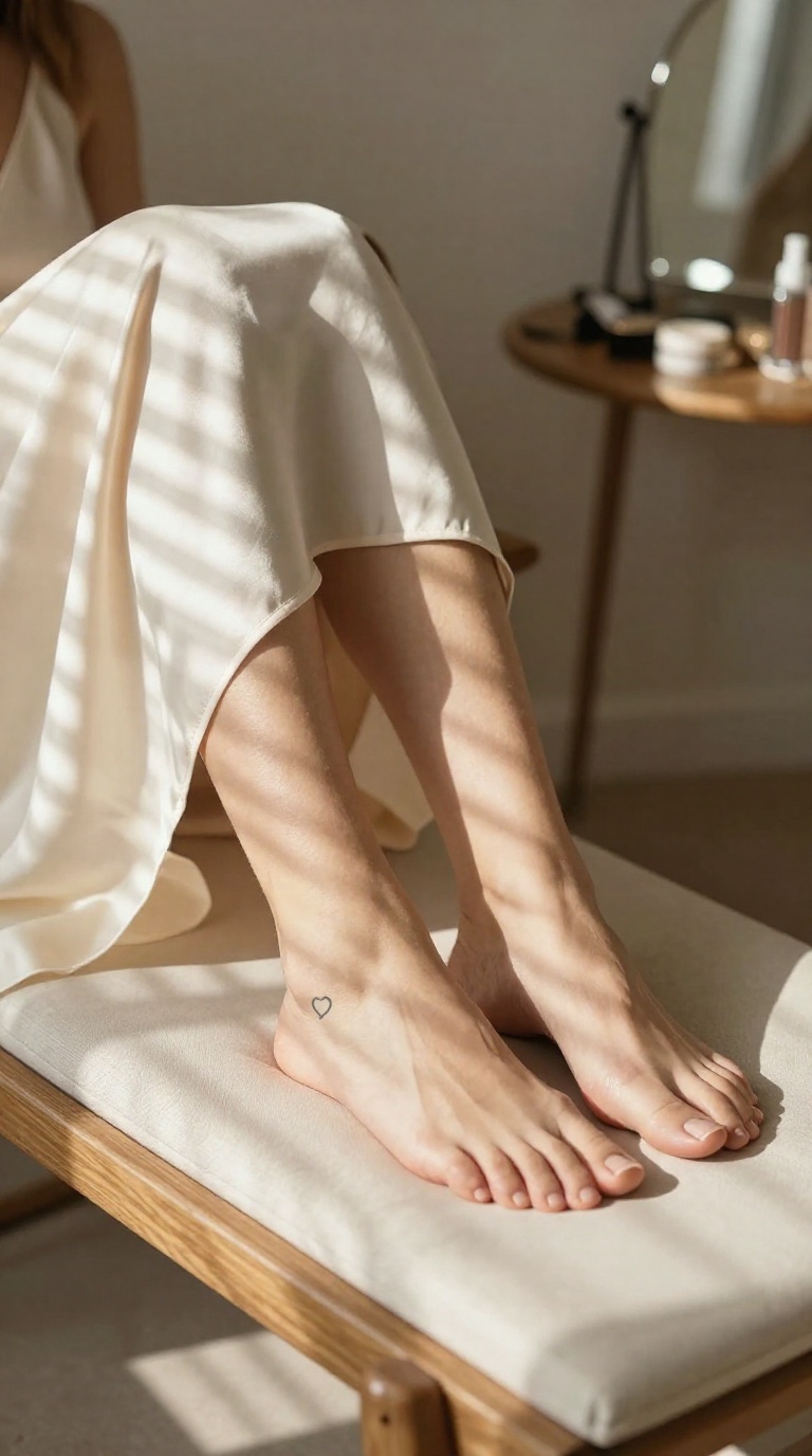 Woman's bare feet with micro heart tattoo below ankle, one foot brushing opposite ankle, cream silk dress draped over knees, sunlit chaise lounge with mirror glow.