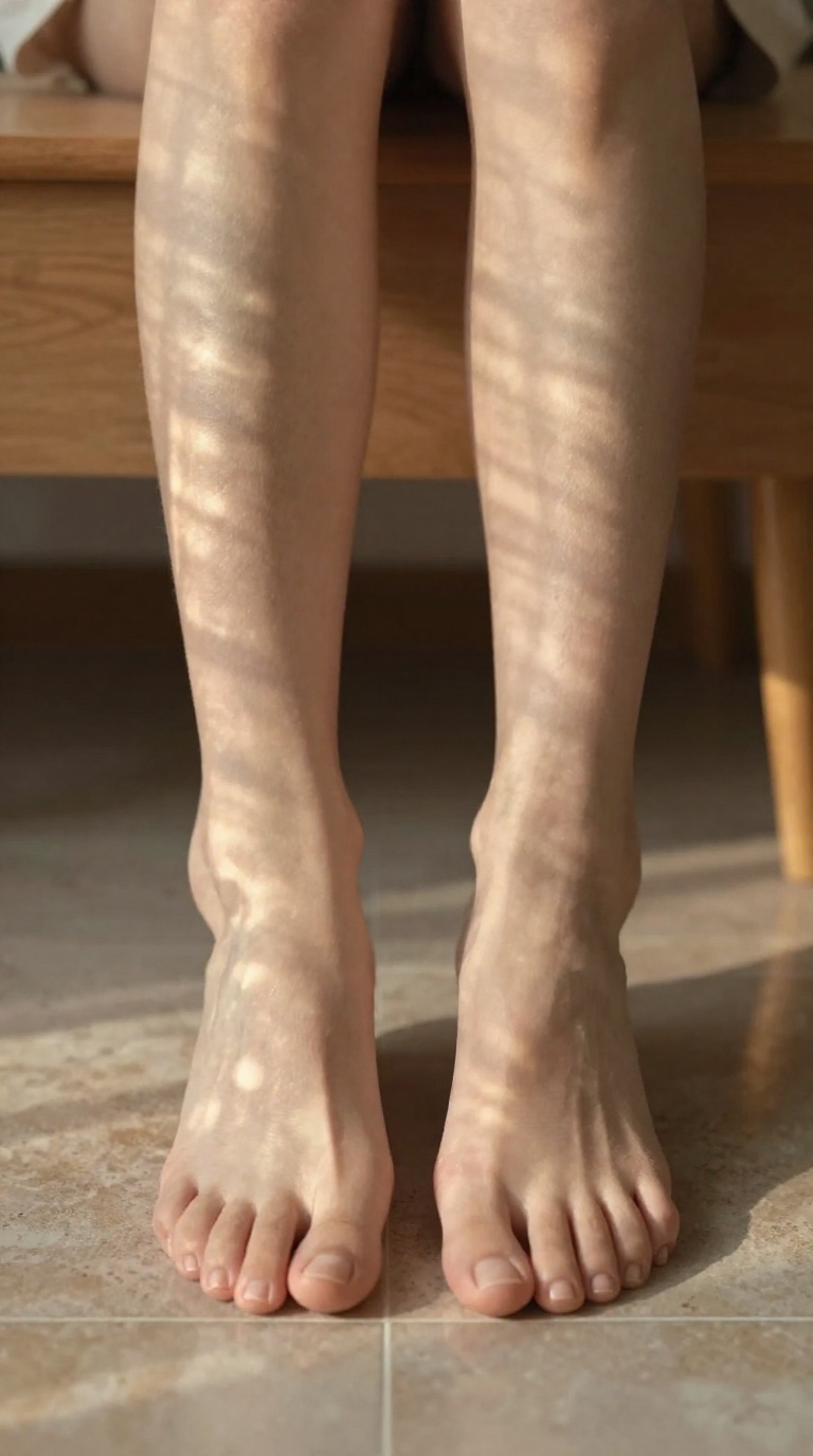 Photorealistic bare feet with high arches and fully visible toes spread gracefully on wet neutral tiles, illuminated by window caustic patterns in a serene indoor setting.