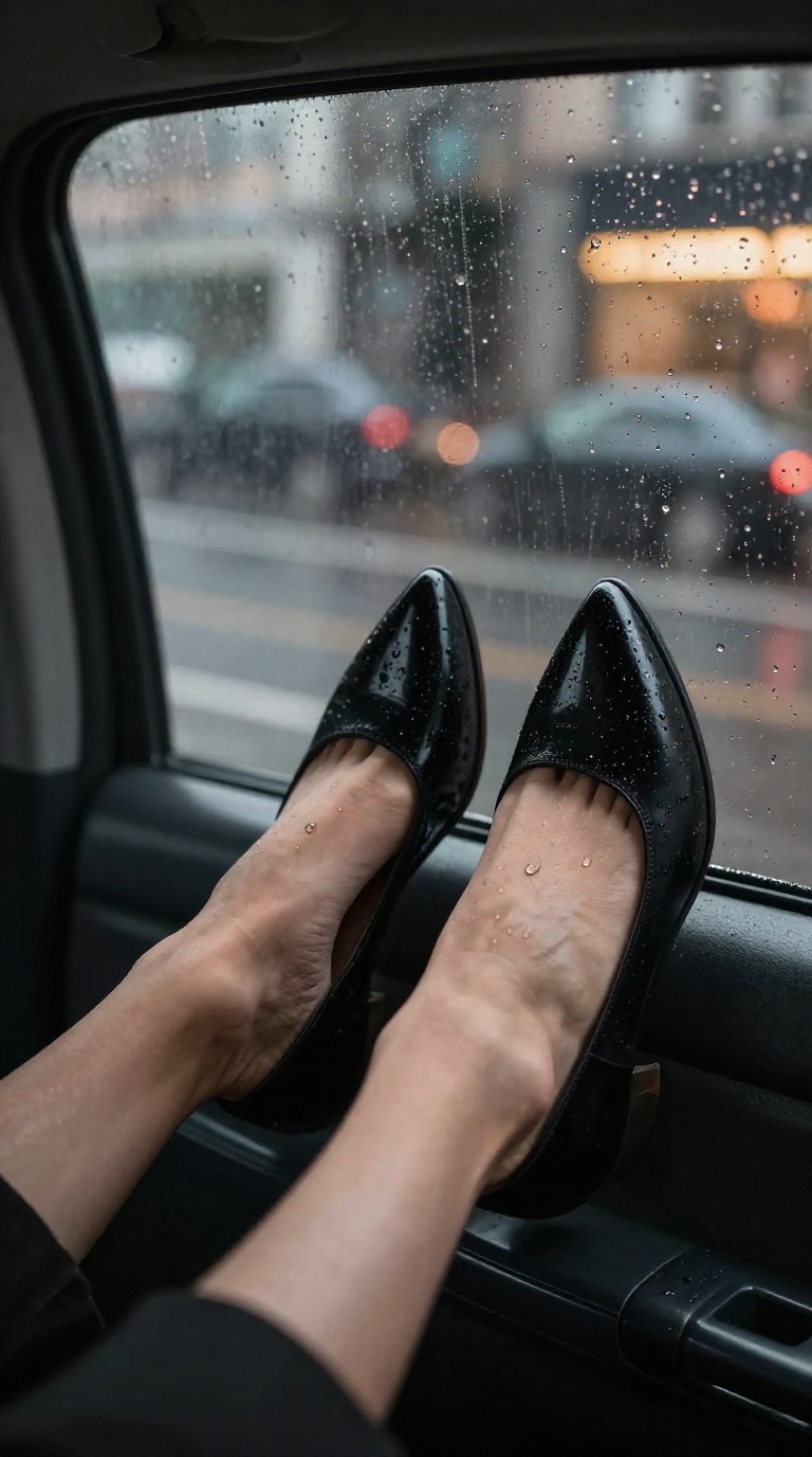 Reflection in a night taxi window showing a woman's feet in peep-toe booties, toes pointed, with warm light and steam from a hot bath.