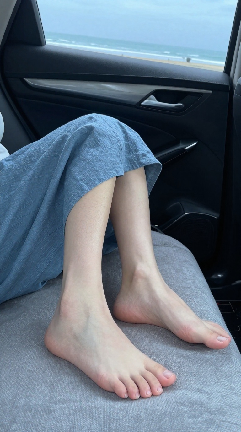 Diagonal view of bare feet with fine sole wrinkles pressing into a plush rug in the back seat of a parked car, moody side lighting.