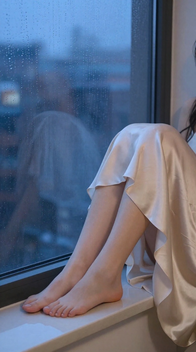 Bare feet with toes and arches visible resting on cool rainy window glass, city night lights sliding across, champagne satin skirt, soft blue-hour light.