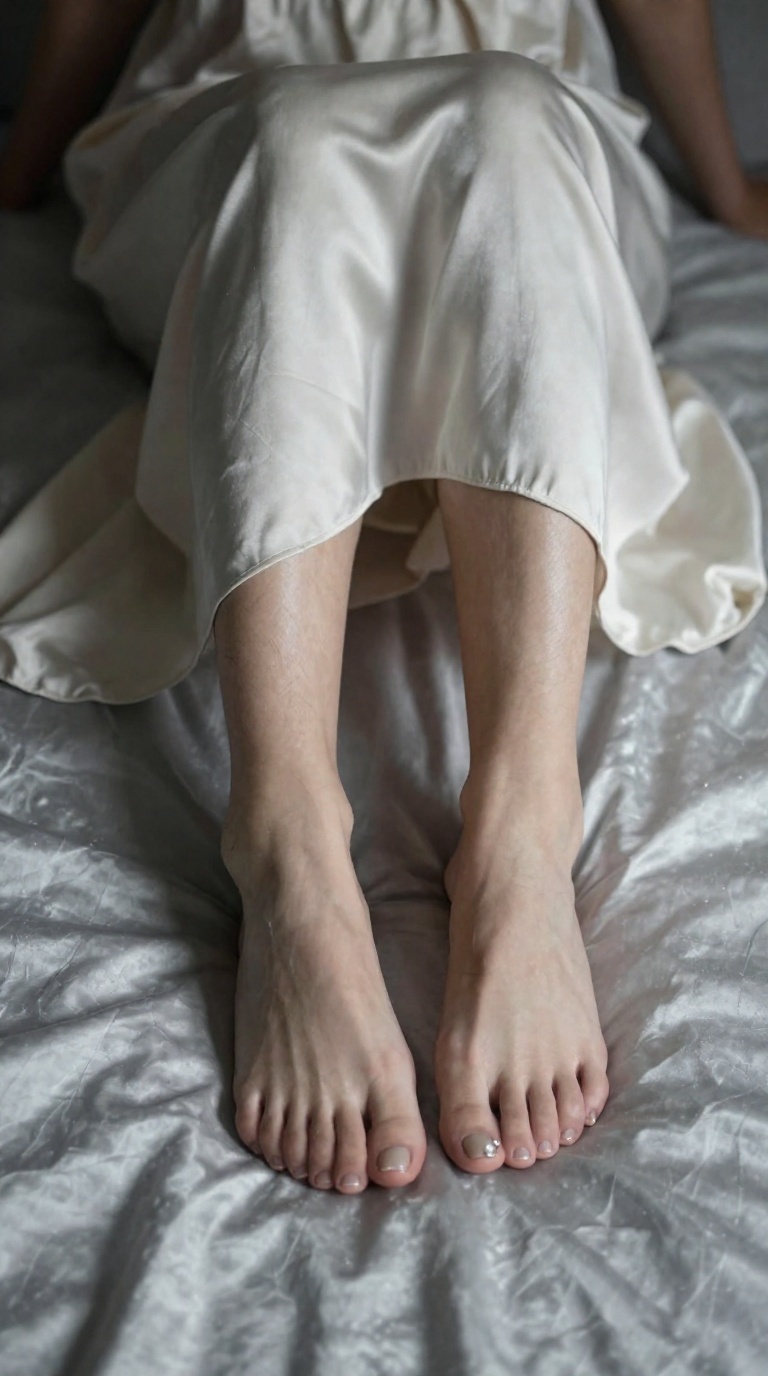 Top-down photo of a woman's bare feet on damp wrinkled silk sheets, wearing a pearl toe ring, with a cream silk maxi dress draped over her knees in moody black and silver lighting.
