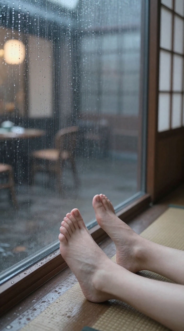 Wide shot of bare female feet pressing against a steamed mirror in a rain-streaked art deco lounge, toes and arches clearly visible with smooth skin texture.