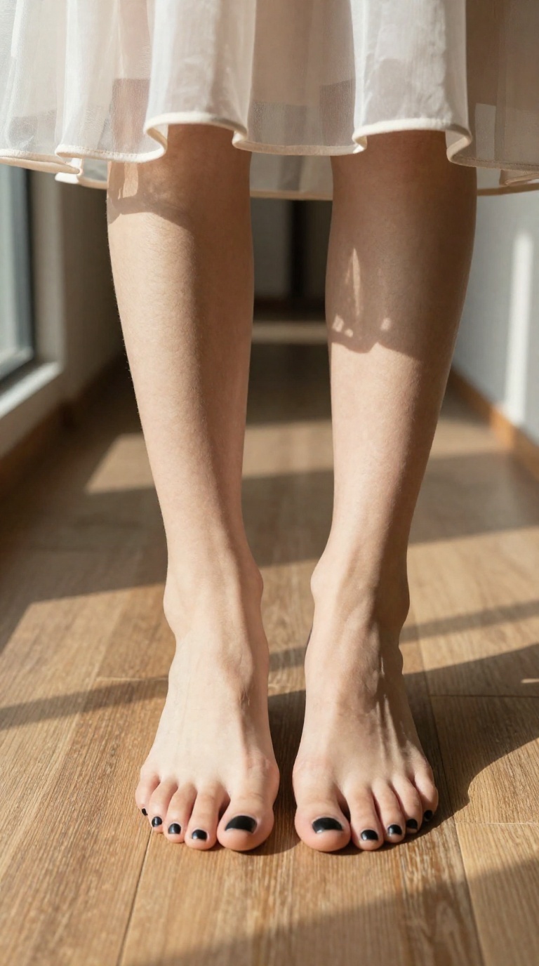 Close-up of a woman's bare feet with spread toes and chipped black polish on warm wooden floor, chiffon skirt hem at ankles in soft window light.