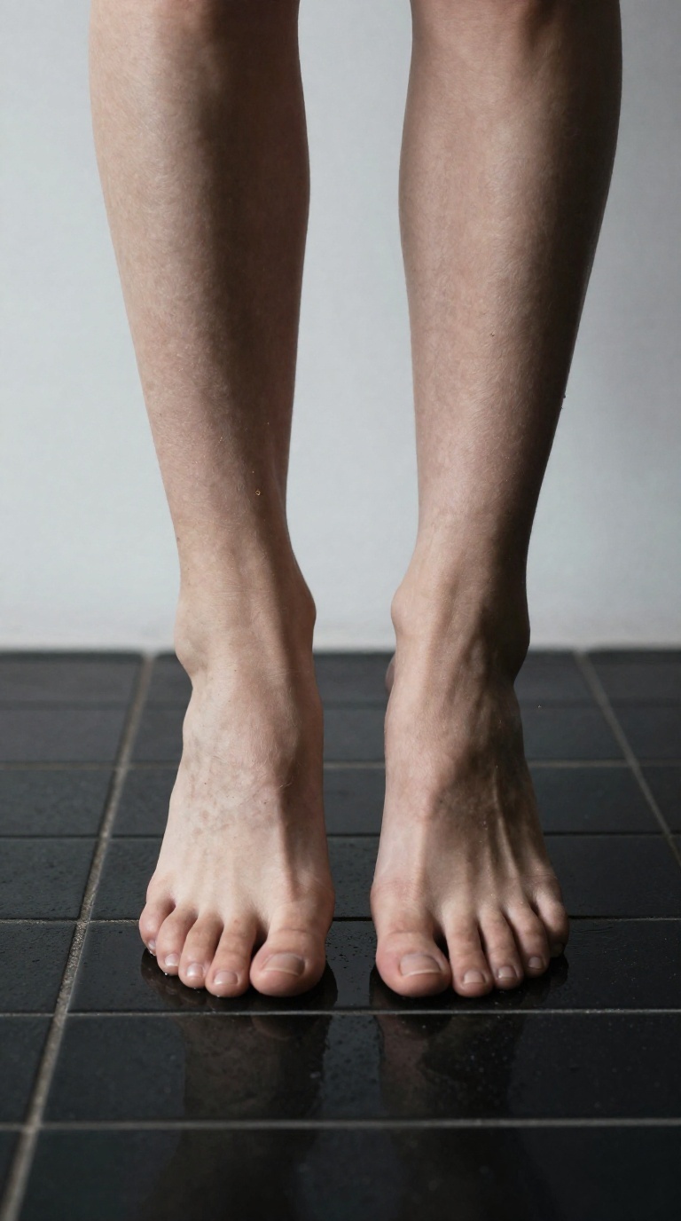Top-down view of bare feet with curled toes and visible arches on wet black tile, moody side lighting and golden dust motes against a white studio backdrop.