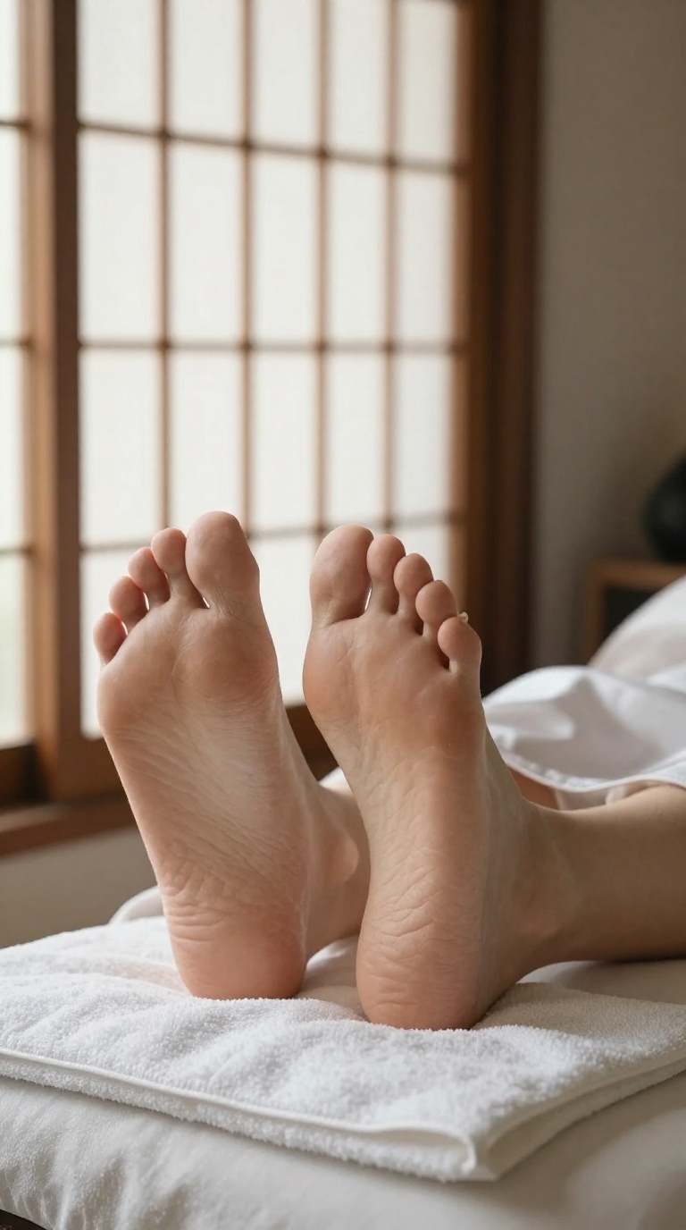 Close-up of bare feet with visible arches and toes resting on a massage table, soft shoji light, satin robe edge, and folded towels in warm tones.