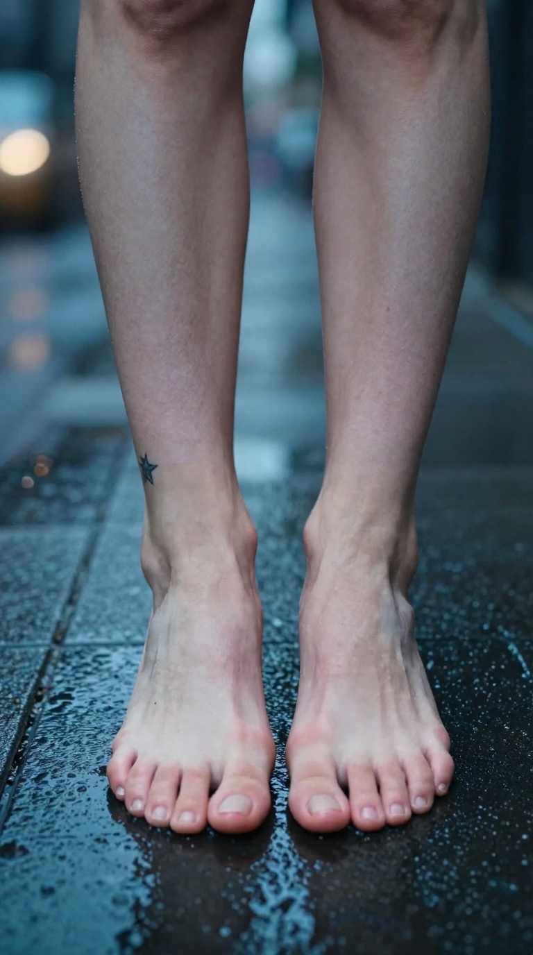 Cinematic close-up of a woman's bare feet pressing against wet glass on a neon-lit city corner, showing five toes per foot, visible arches, and a star tattoo near the heel.