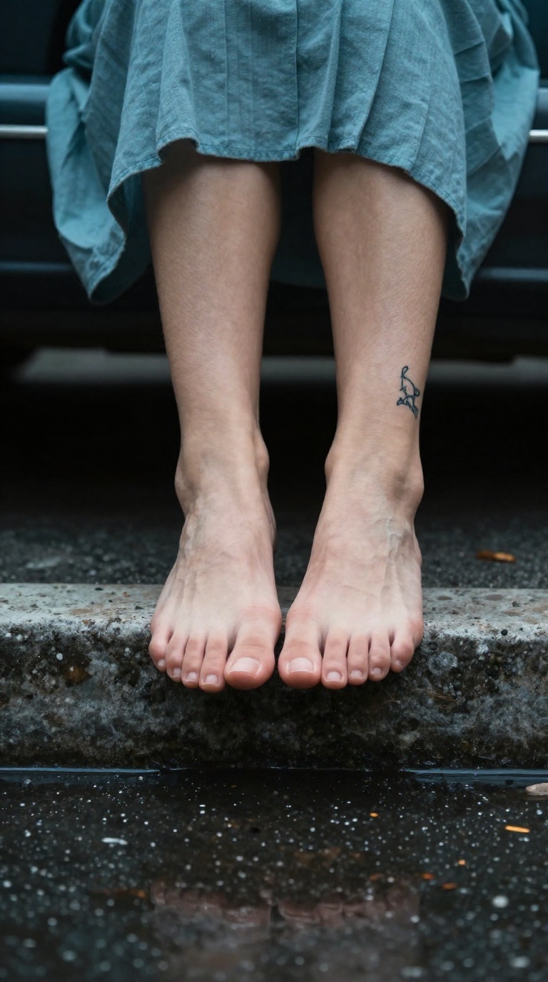 Low-angle close-up of bare feet on a curb with puddle reflections, teal and amber lighting, koi ankle tattoo, long skirt, elegant pose.