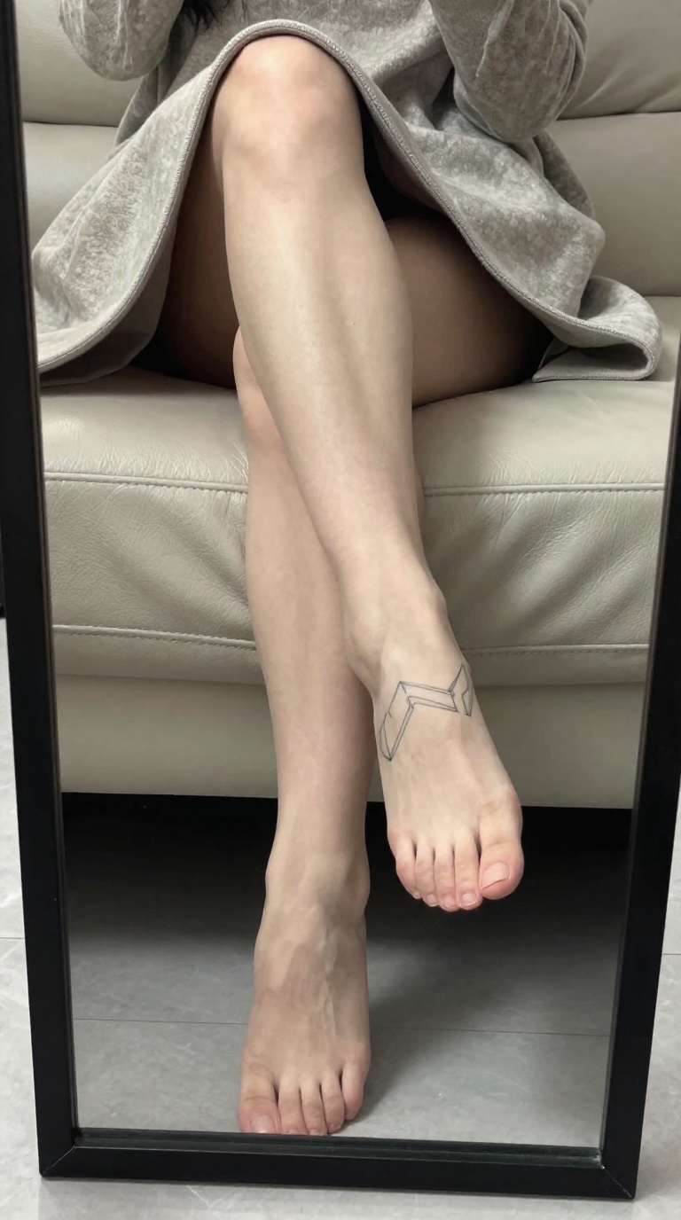 Mirror reflection of bare feet with geometric tattoo, ankles crossed on leather upholstery, cashmere throw, luxury bedroom, clean studio light.