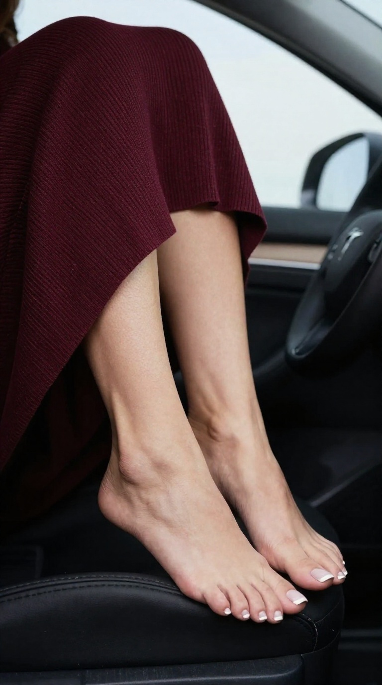 Close-up of bare feet on car dashboard, arched insteps with prominent tendons, French tip pedicure, ribbed burgundy knit dress and silk scarf in soft daylight.