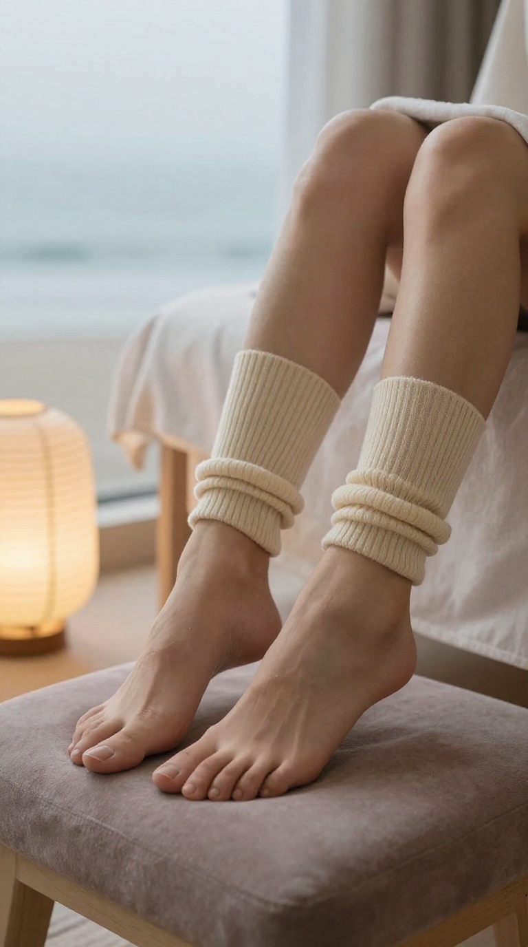 Low-angle close-up of a woman's feet in ribbed slouch leg warmers stretching on brushed suede, with warm paper-lantern glow and misty seaside breeze.