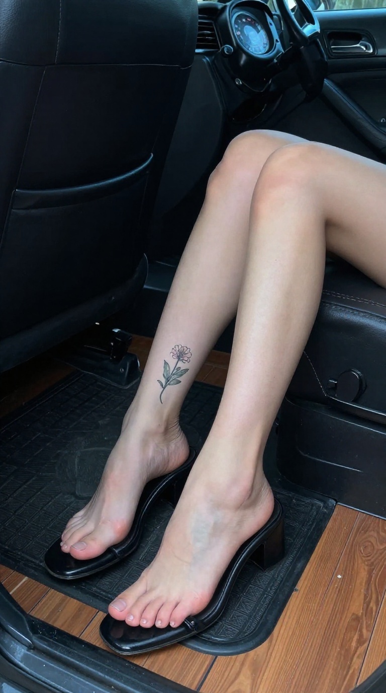 Close shot of open-toe mules on a woman's feet in a taxi, floral ankle tattoo, warm wooden floor, blue-hour light, graceful toe spread.