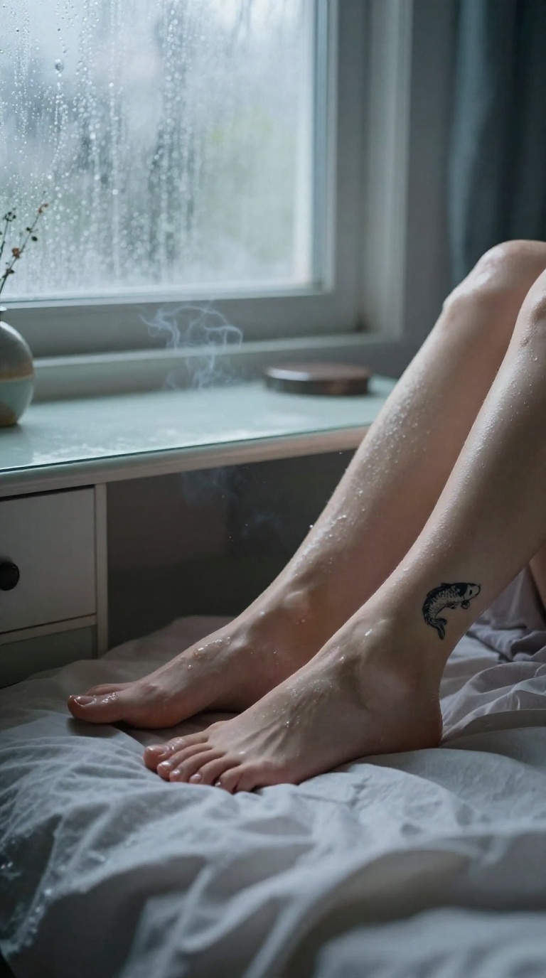 Bare feet with koi ankle tattoo on messy sheets in grey rainy daylight, fogged glass, glossy skin, vanity mirror, jade and pearl tones, incense haze.