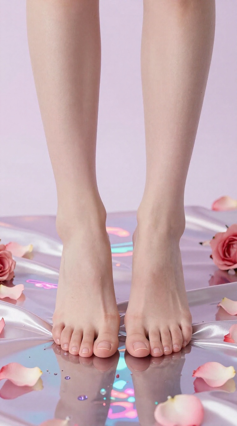Cropped view of bare feet with five toes each crushing rose petals on damp silk sheets, neon reflections and pool shimmer in a studio cyclorama.