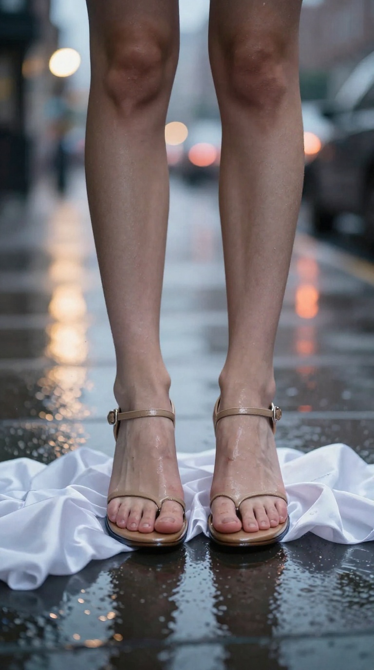 Close-up of a young woman's feet in minimal thong sandals on tiptoes, glossy skin, rain-soaked sidewalk, soft romantic warmth, and water reflections.