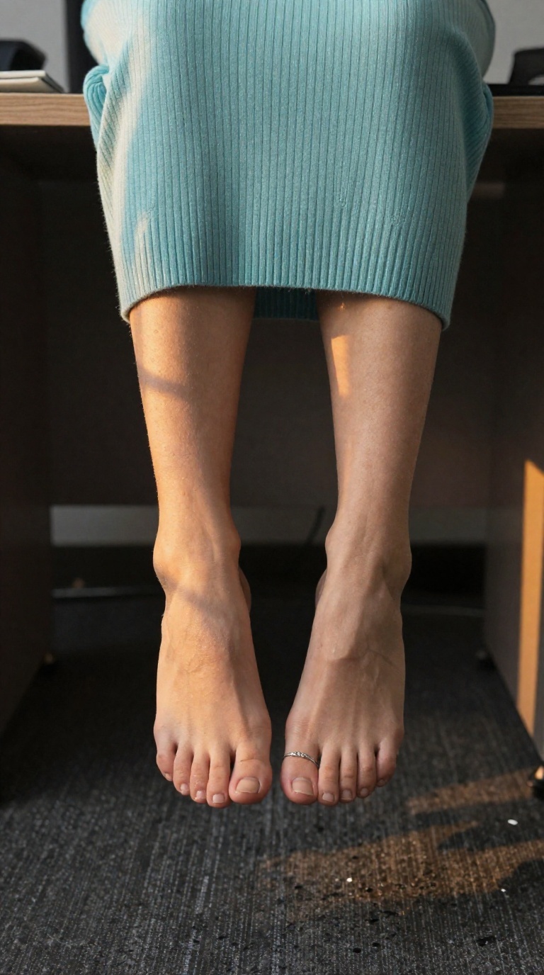 Top-down view of a woman's bare feet with a silver toe ring, heels slightly raised under an office desk, golden hour light reflecting off a glass tabletop.