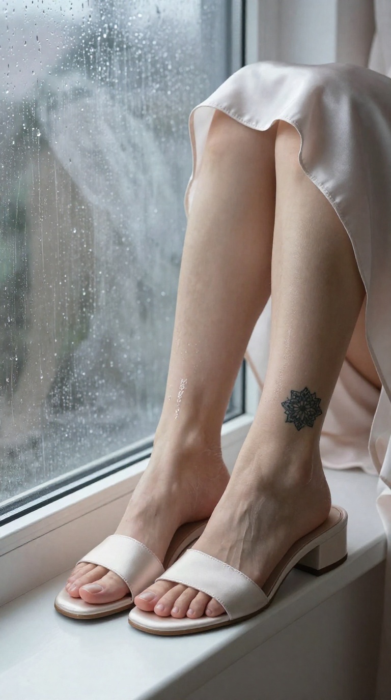 Cropped view of a woman's feet in satin slides with a mandala ankle tattoo and oil on the instep, resting near a rainy window in soft daylight.